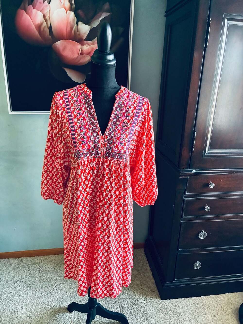 Boden Red Floral Embroidered Jersey Dress Size US 8R A457